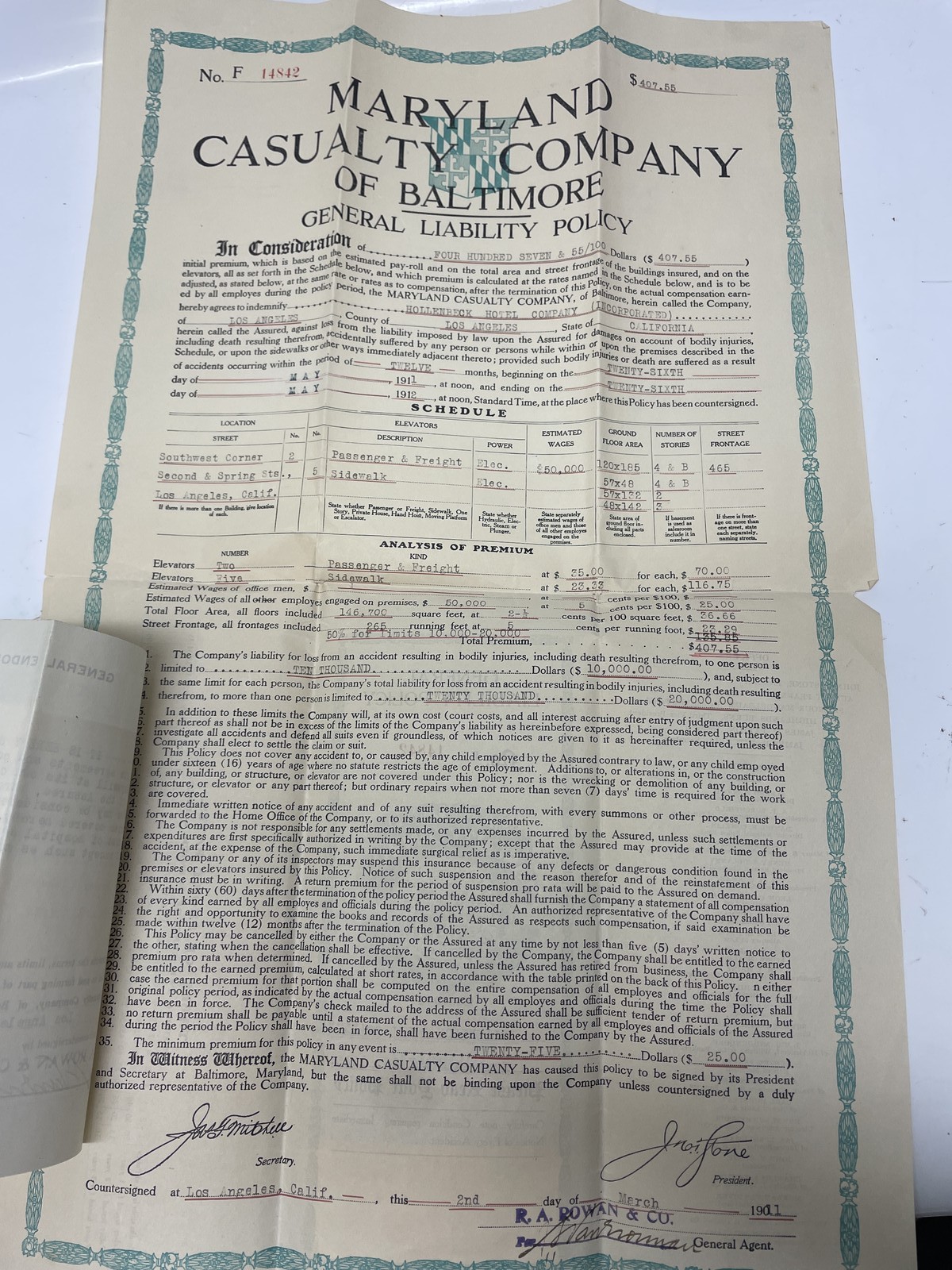 1917-1919 Maryland Casualty Co. Hollenbeck Hotel Los Angeles Insurance Policy