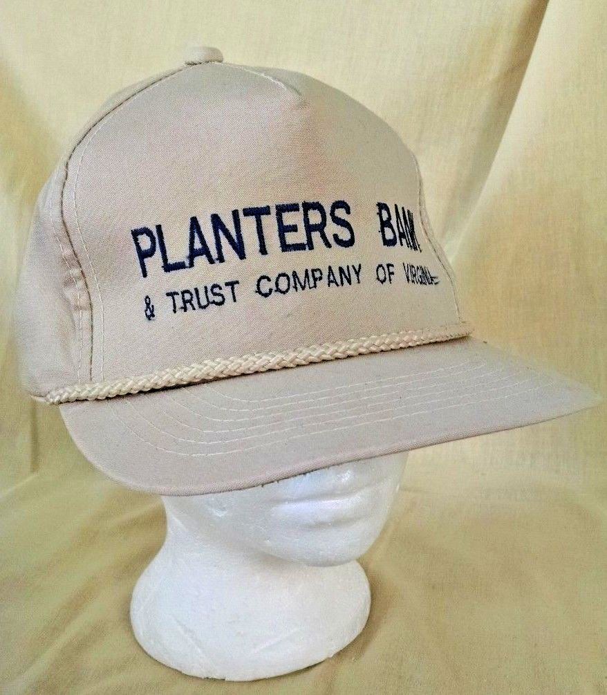 PLANTERS BANK TRUST HAT VINTAGE BASEBALL CAP TWIN CITY KNITTING TAN ADJ VA CO.