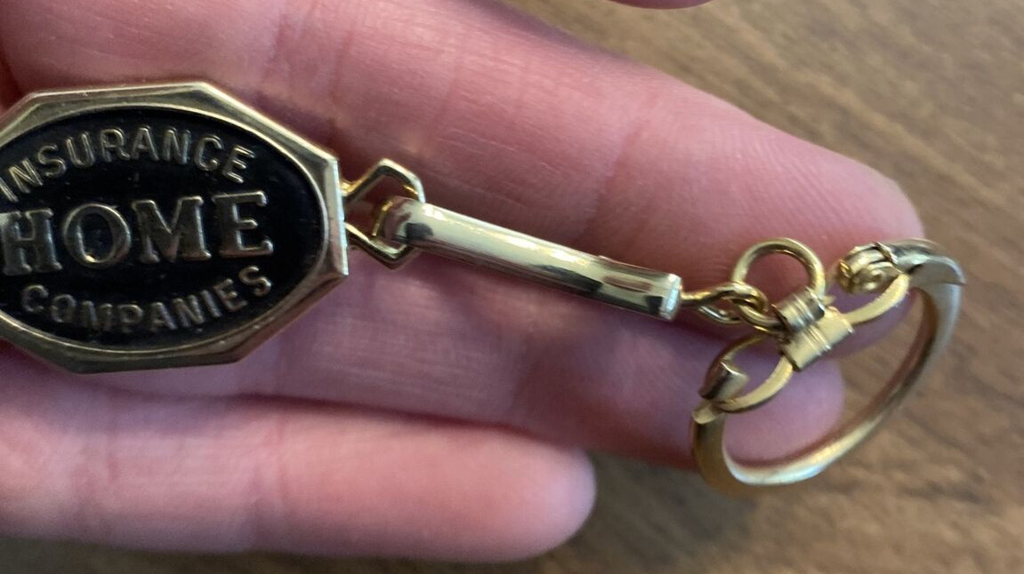 Vintage The Home Insurance Co Safe Driving Record Award Brass Keychain C17a