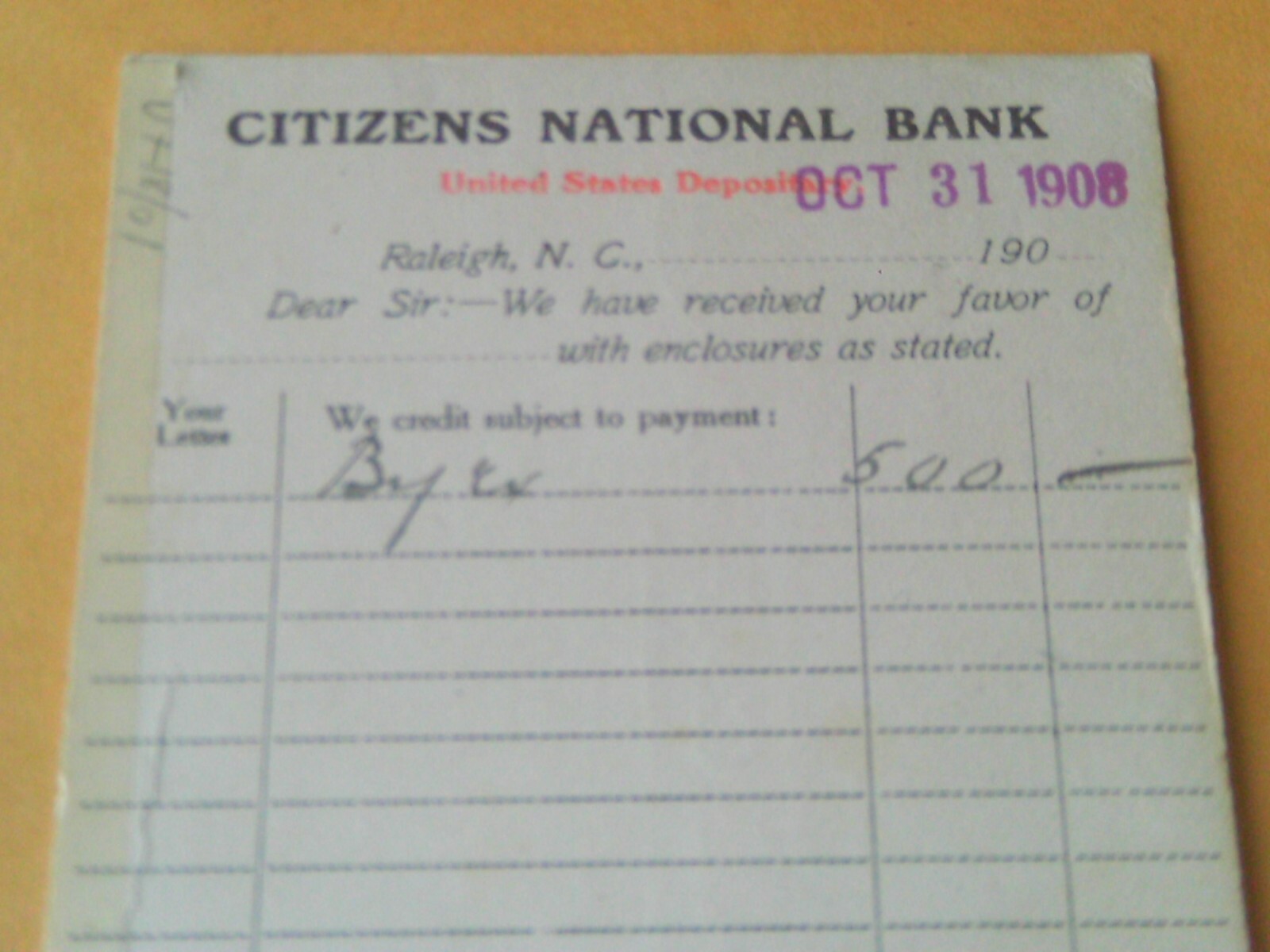 RARE 1908 POSTCARD NOTE CITIZENS NATIONAL BANK RALEIGH NORTH CAROLINA LITCHFORD