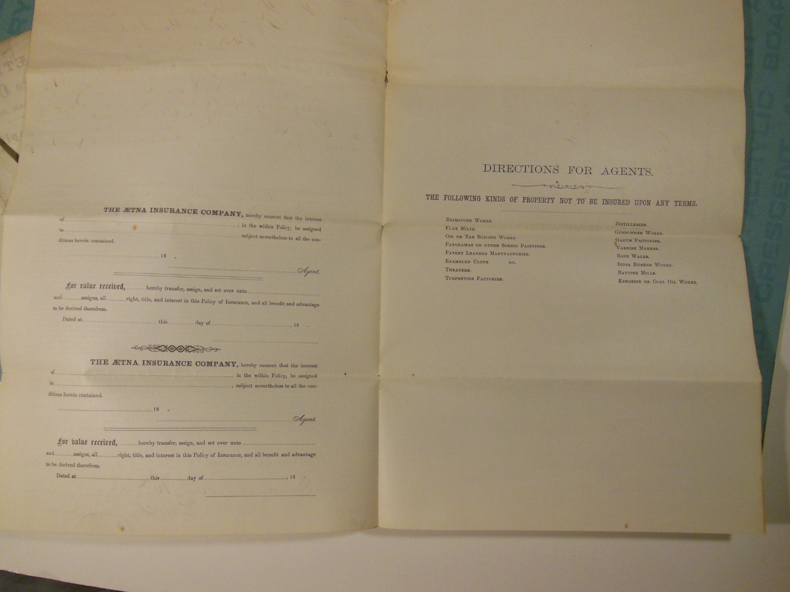 Aetna Homeowner Insurance policy, 1870-79, Columbia SC, Continental, HK Steele