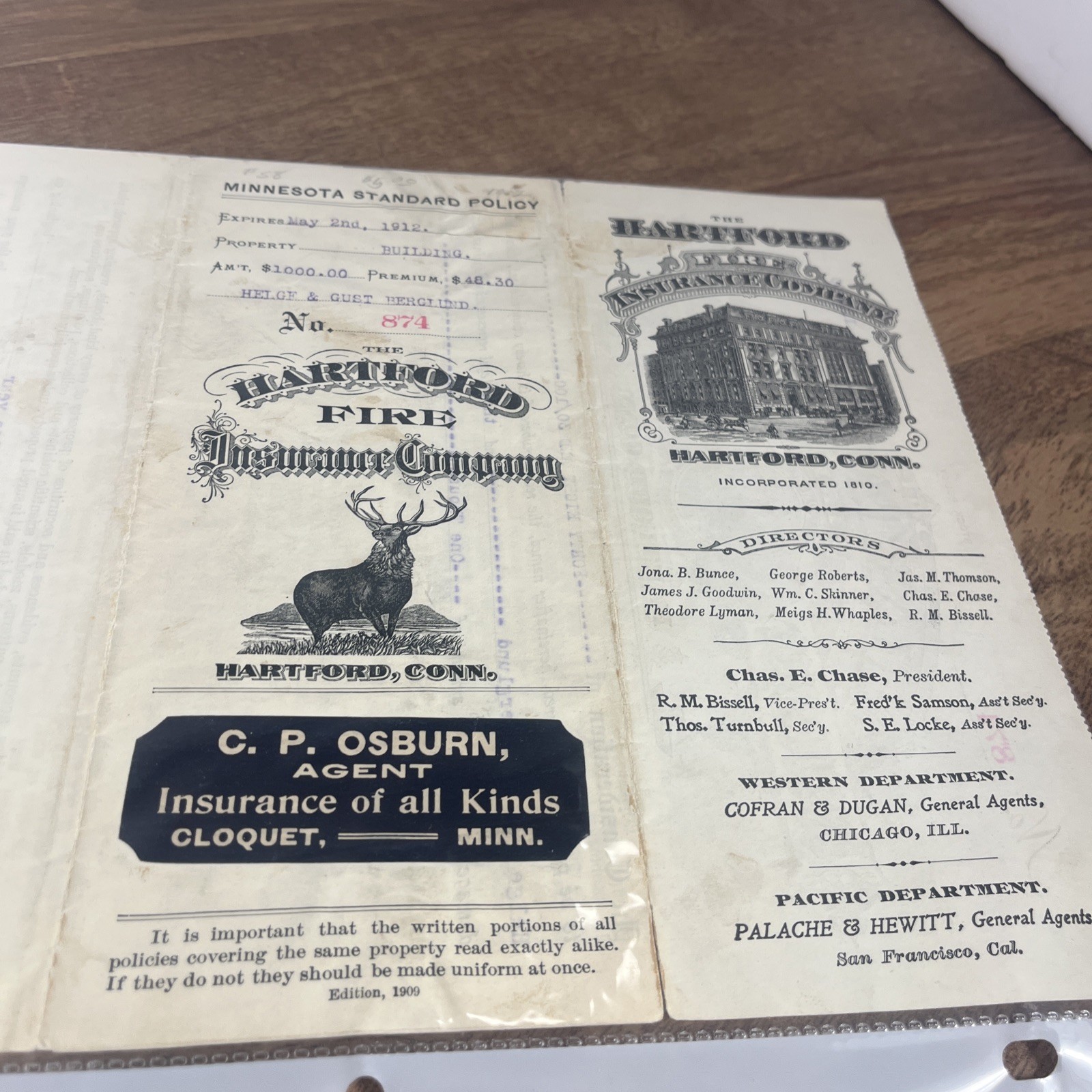 vintage 1911 Hartford Fire Insurance Company policy