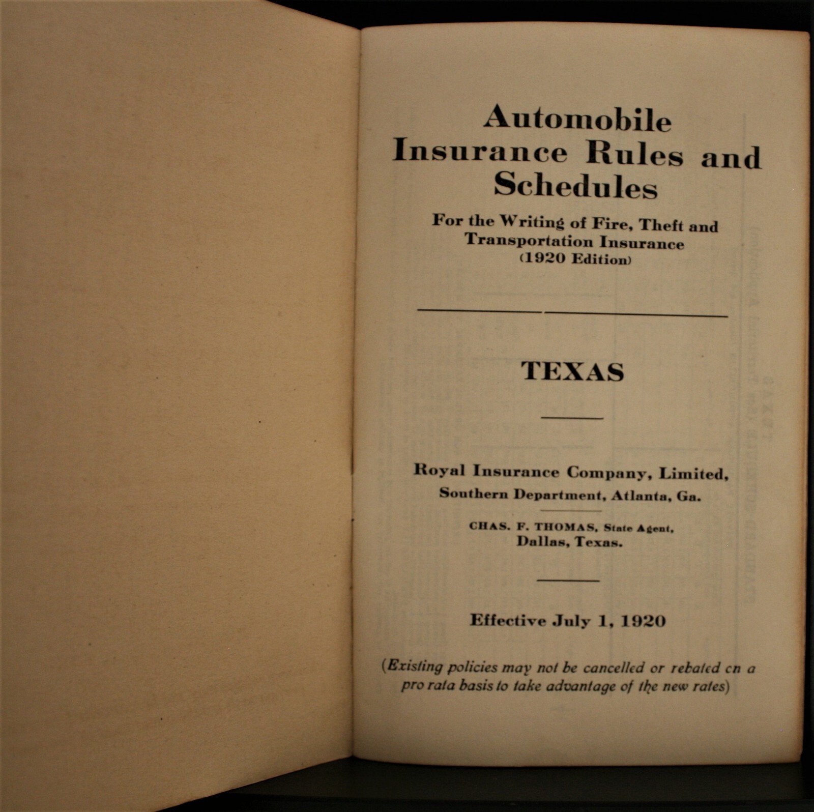 1920 ROYAL INSURANCE COMPANY AUTOMOBILE INSURANCE RULES SCHEDULES DALLAS TEXAS