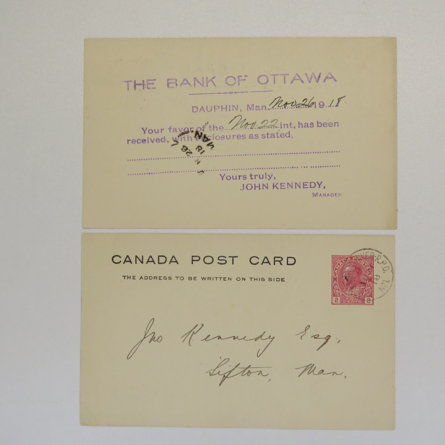 2 Antique Bank of Ottawa 1918 Receipts Manitoba Canada Post Card 2 Cent Stamps