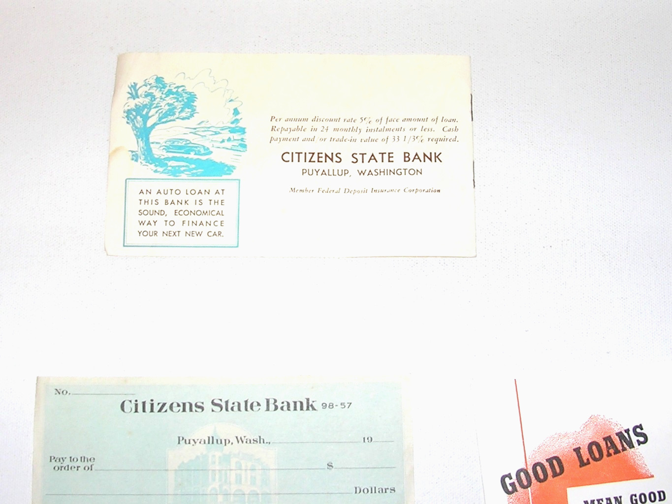 Vintage 1940’s Citizen’s State Bank Puyallup Car Loan Advertising Ephemera Etc.