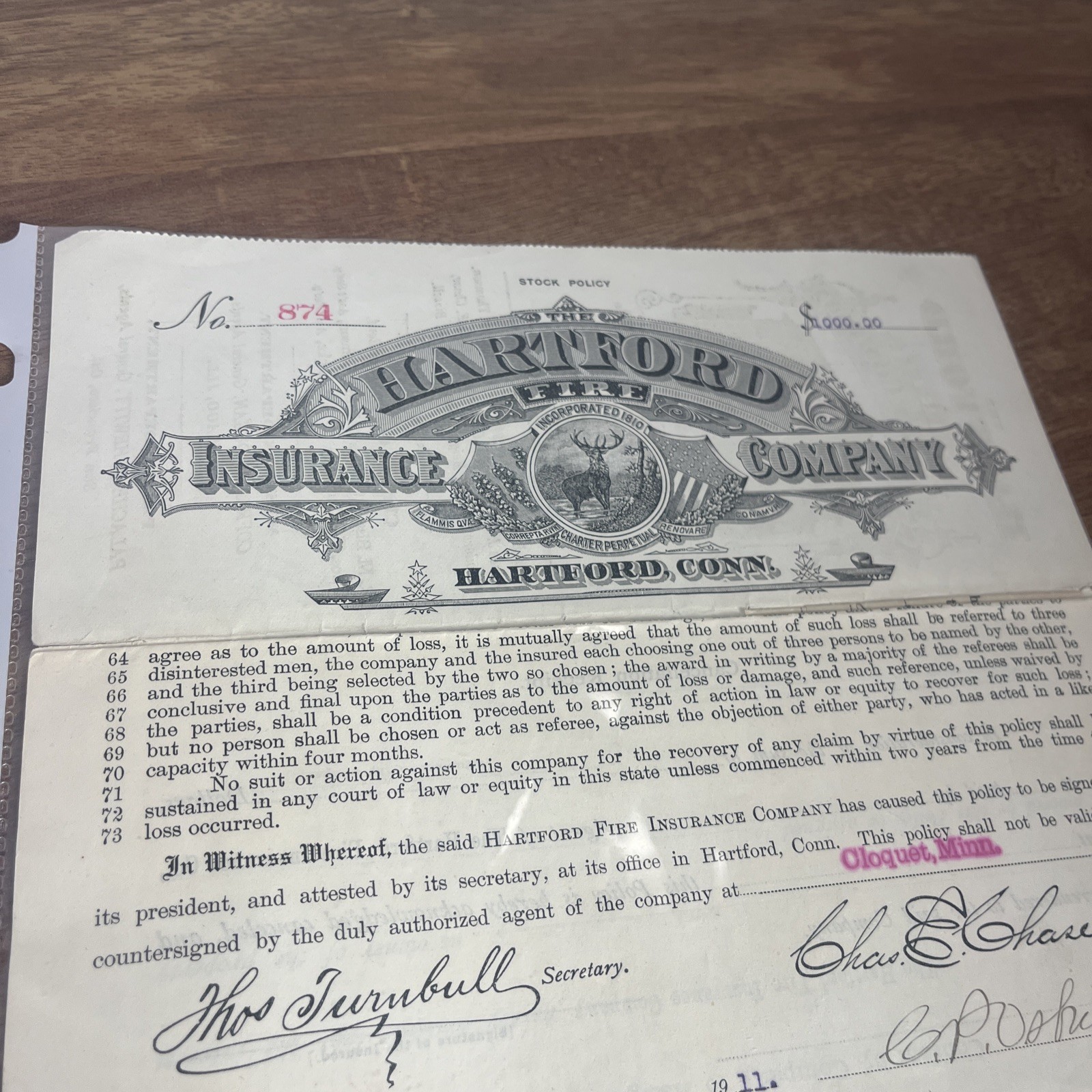 vintage 1911 Hartford Fire Insurance Company policy