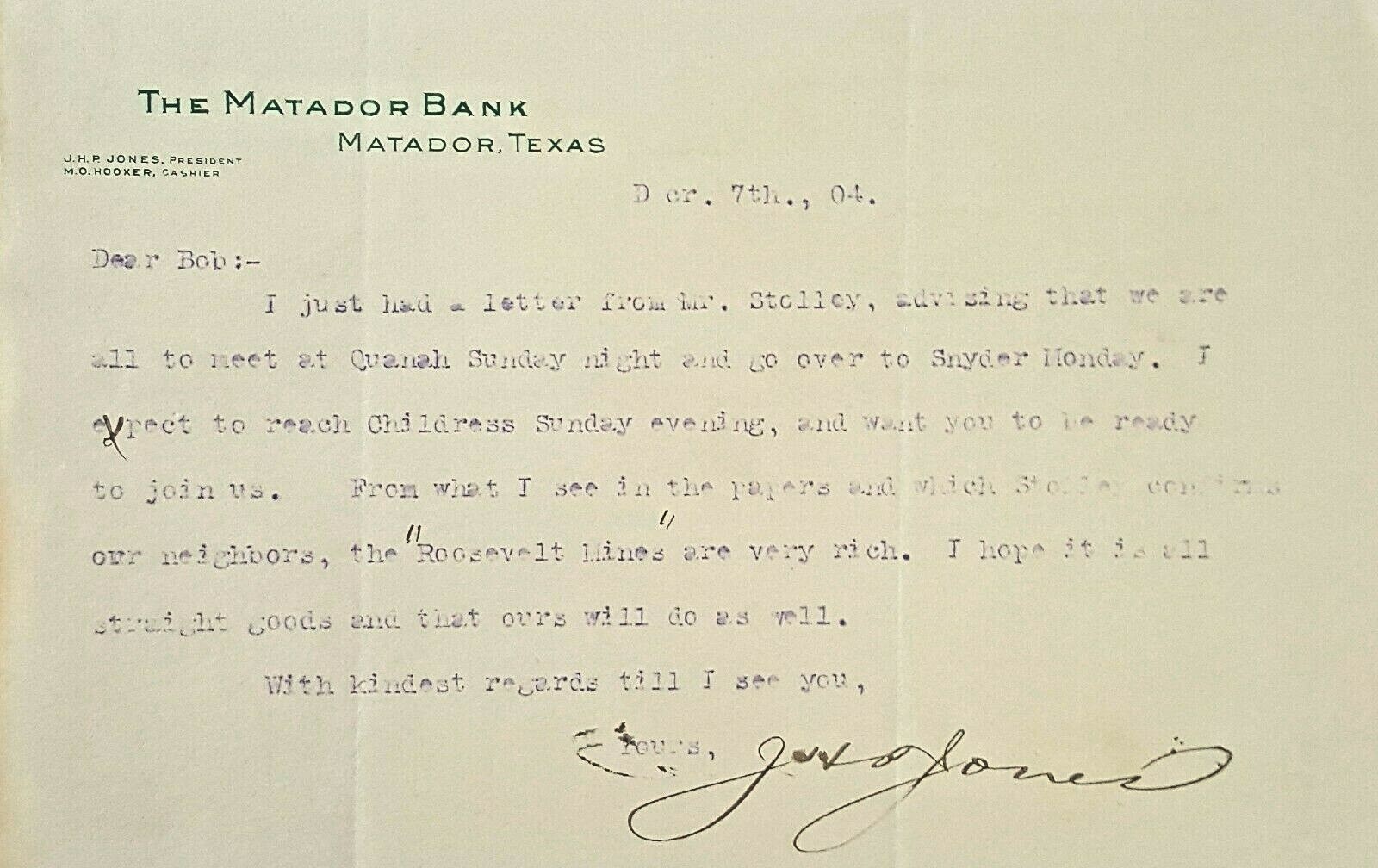 1904 MATADOR, TX. LETTERHEAD J.H.P. JONES M.O. HOOKER Banking Roosevelt Mines