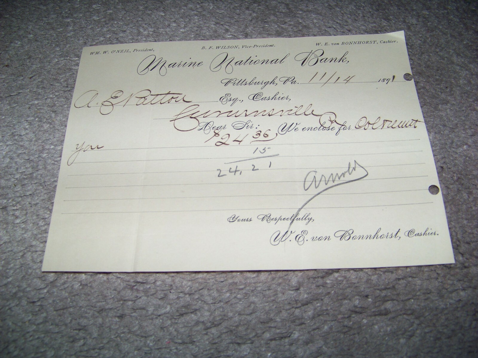 1891 Marine National Bank Pittsburgh PA W. E. von Bonnhorst A. E. Patton