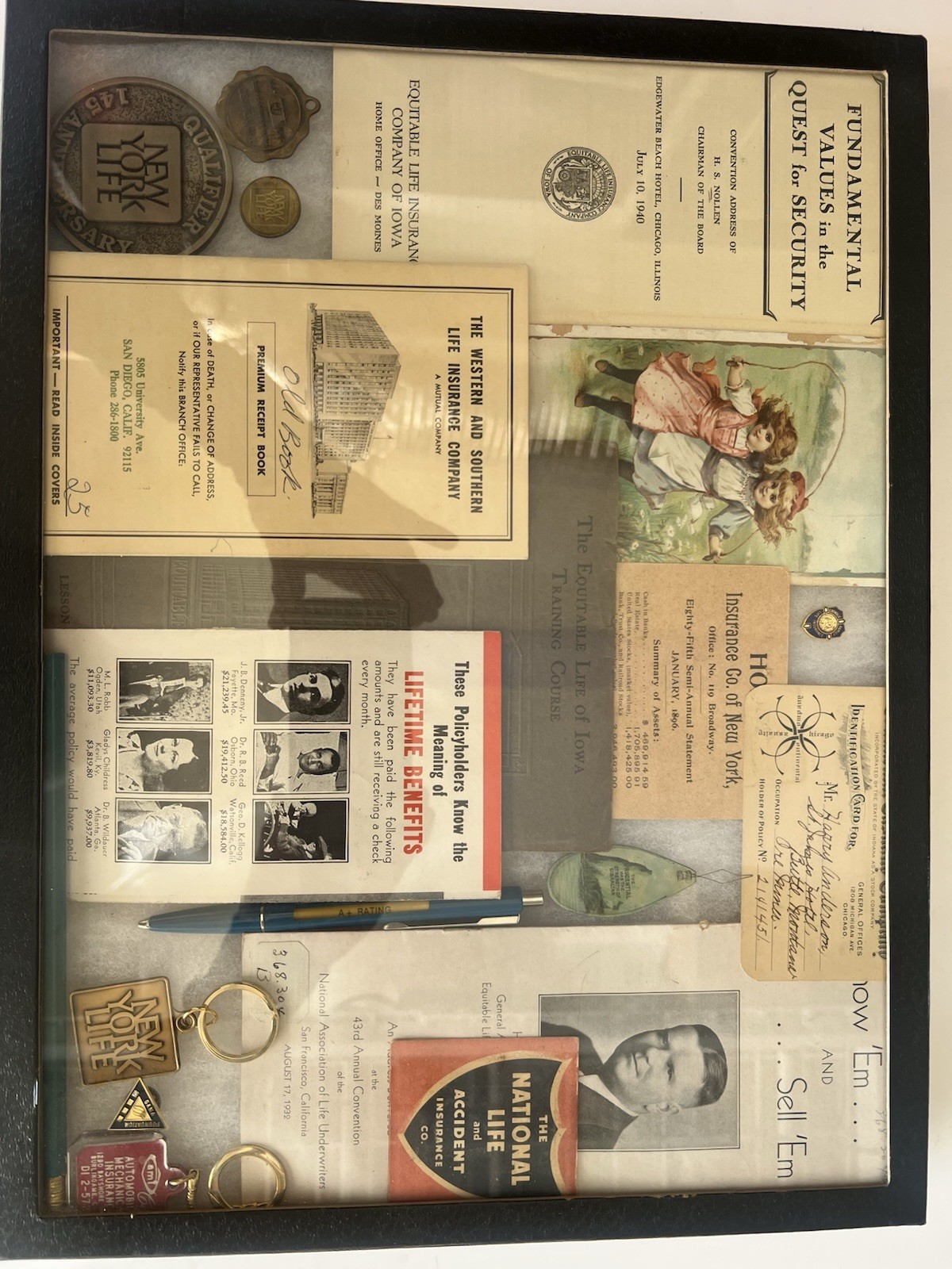 Antique Life Insurance Ephemera Shadow Box NYL Display – 1890s 1900s Documents
