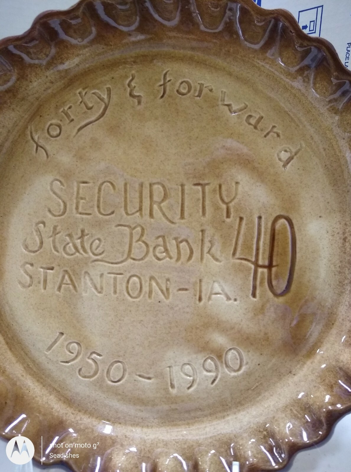 Security State Bank Stanton Iowa 40 & Forward 1950-1990 Pottery Pie Plate
