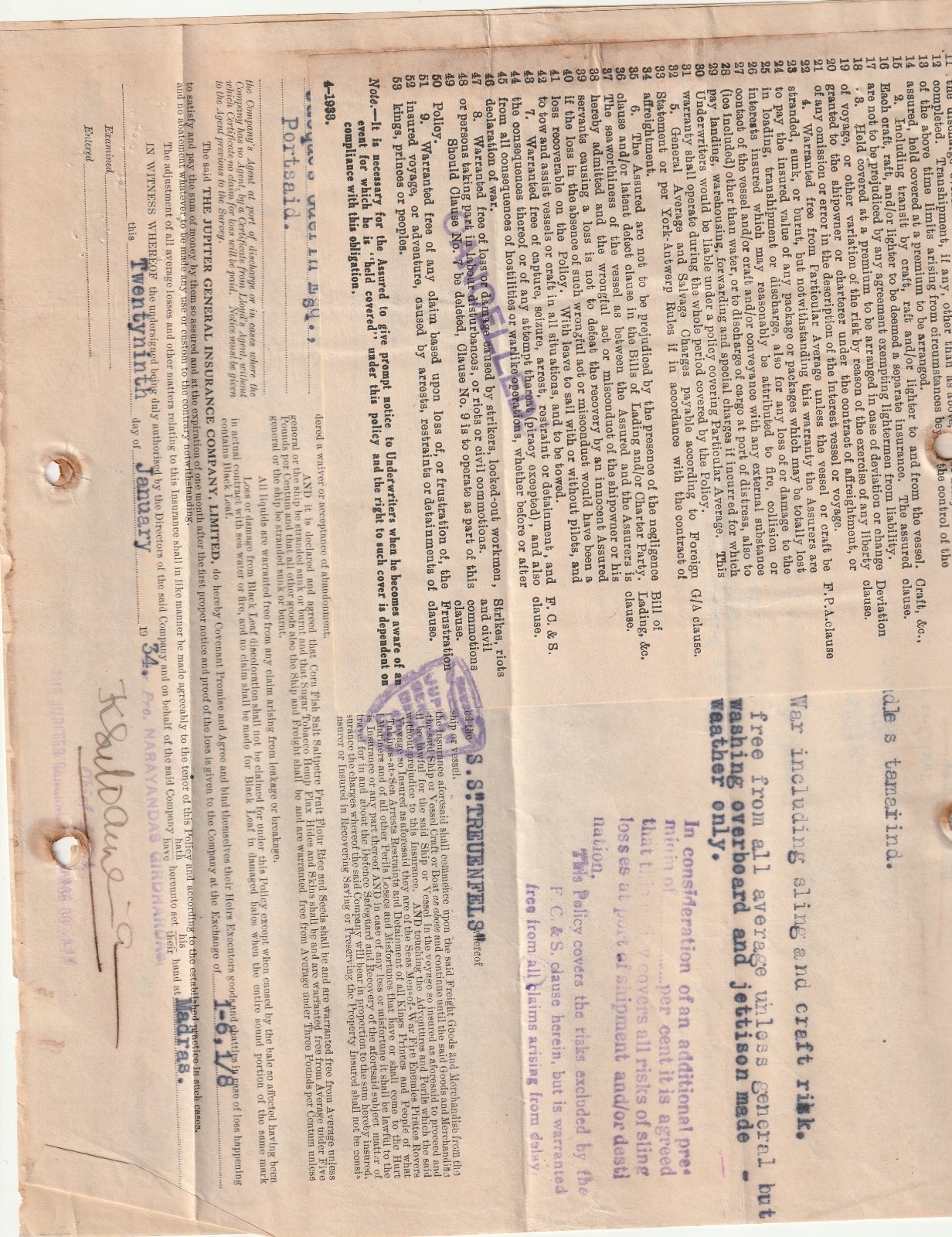 INDIA-ENGLAND Rare Insurance Policy Tied KGV British Colony Stamp 2A. 1934