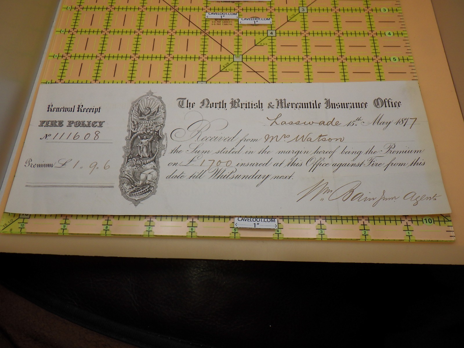 1877 Scotland Fire Insurance Receipt North British & Mercantile Lasswade Watson