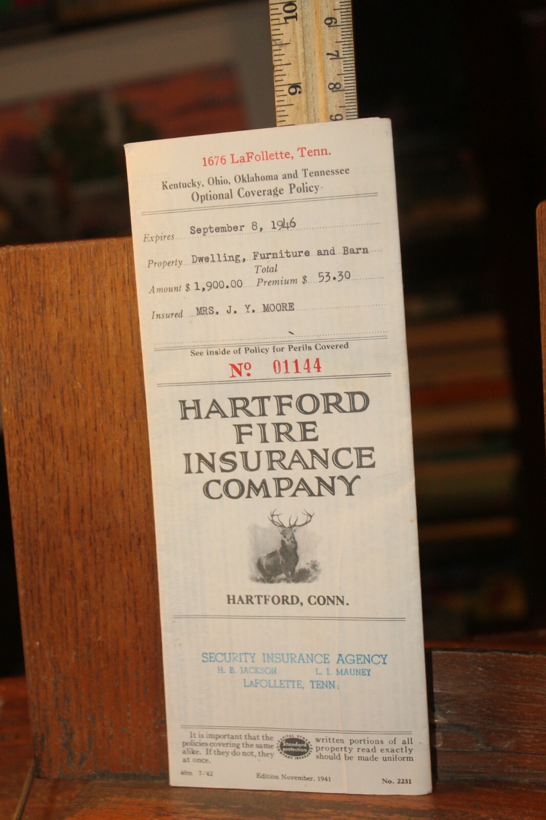LaFollette Tenn Hartford Fire Insurance Company Policy 1946