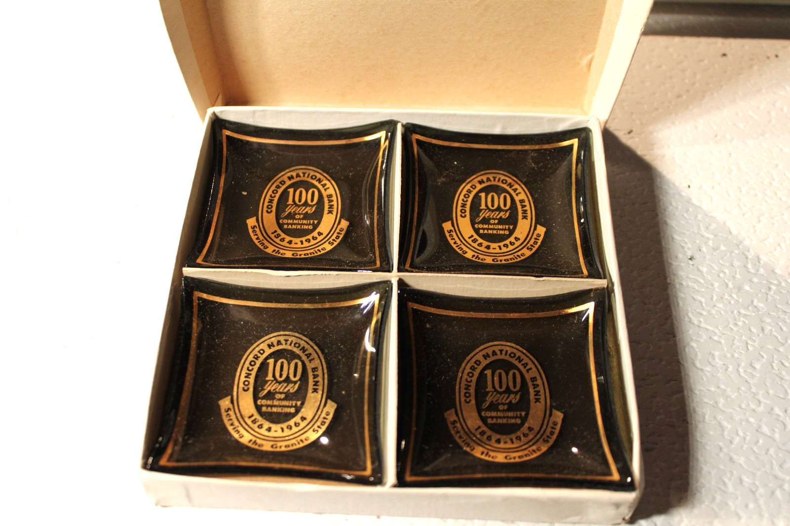 Vintage 1964 Commemorative Concord National Bank NH Glass Square Trinket Dishes