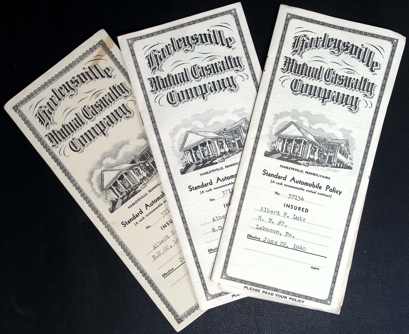 Harleysville Mutual Casualty Company Auto Insurance Policies 1937 1940 1941 Ephe