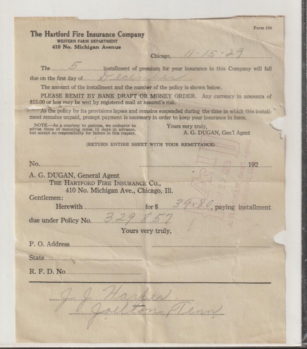 Hartford Fire Insurance Co. Chicago IL. Invoice Dated 11/15/1929 Original