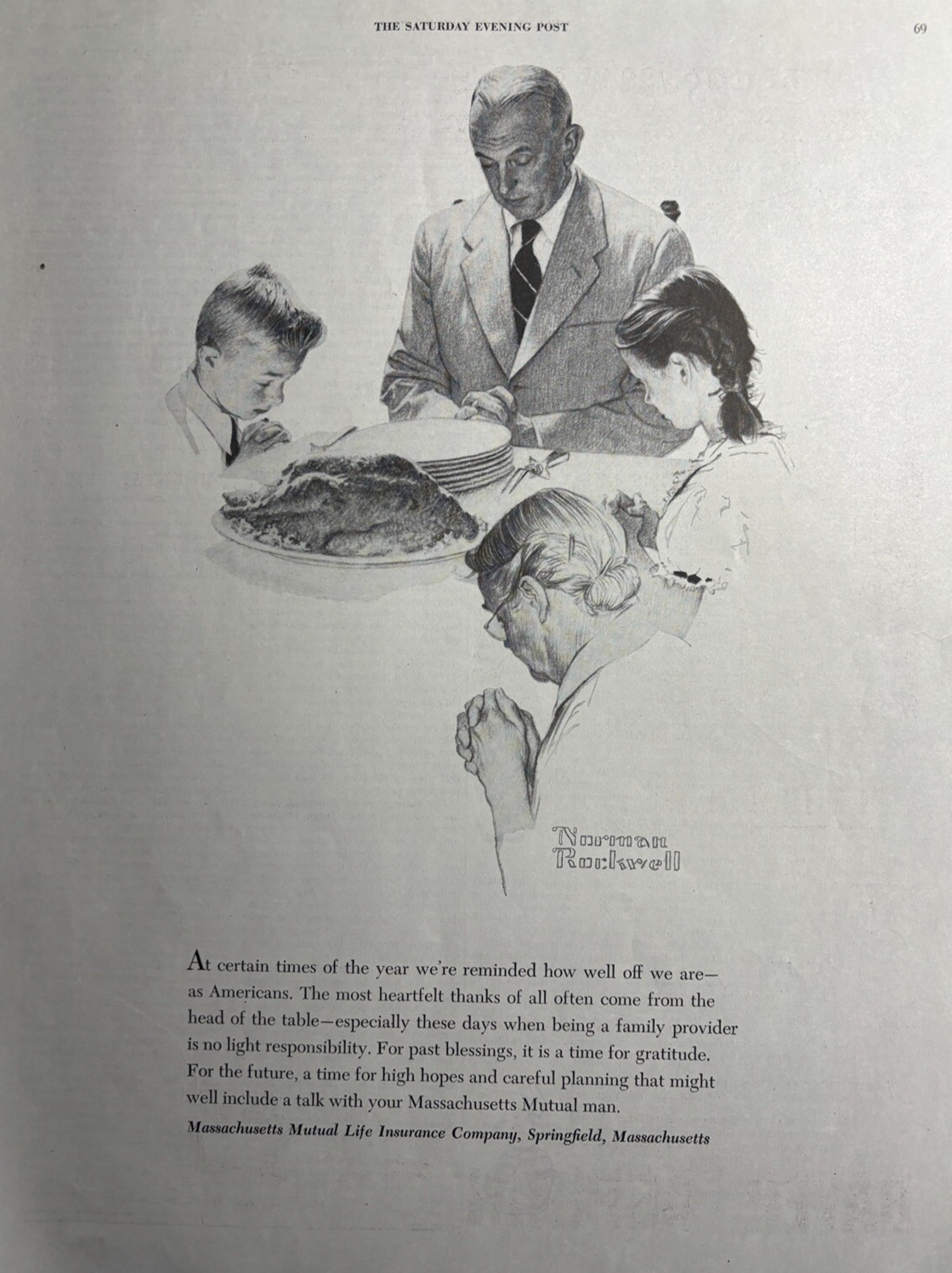 1952 Norman Rockwell Massachusetts Mutual Life Insurance Co Vintage Print Ad