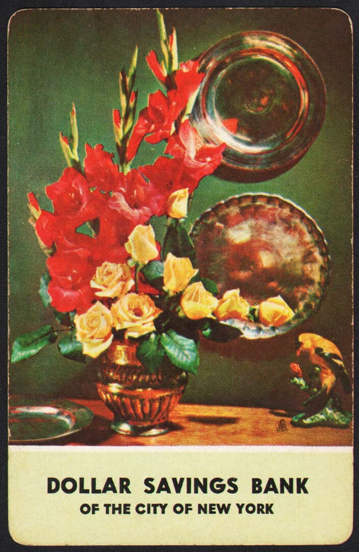 Vintage single playing card DOLLAR SAVINGS BANK rose flower pic New York City