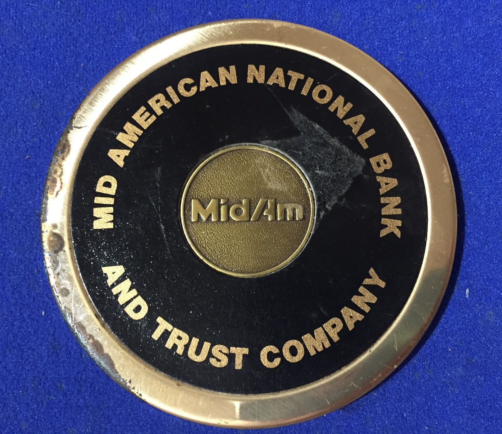 Vintage Metal MidAm Mid American National Bank Co. Illinois Paperweight Coaster