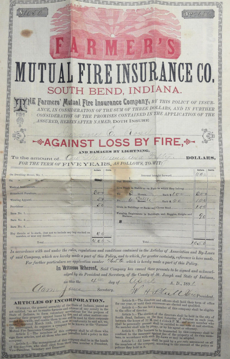 Farmers Mutual Fire Insurance Co South Bend Indiana Loss by Fire Ins 1891