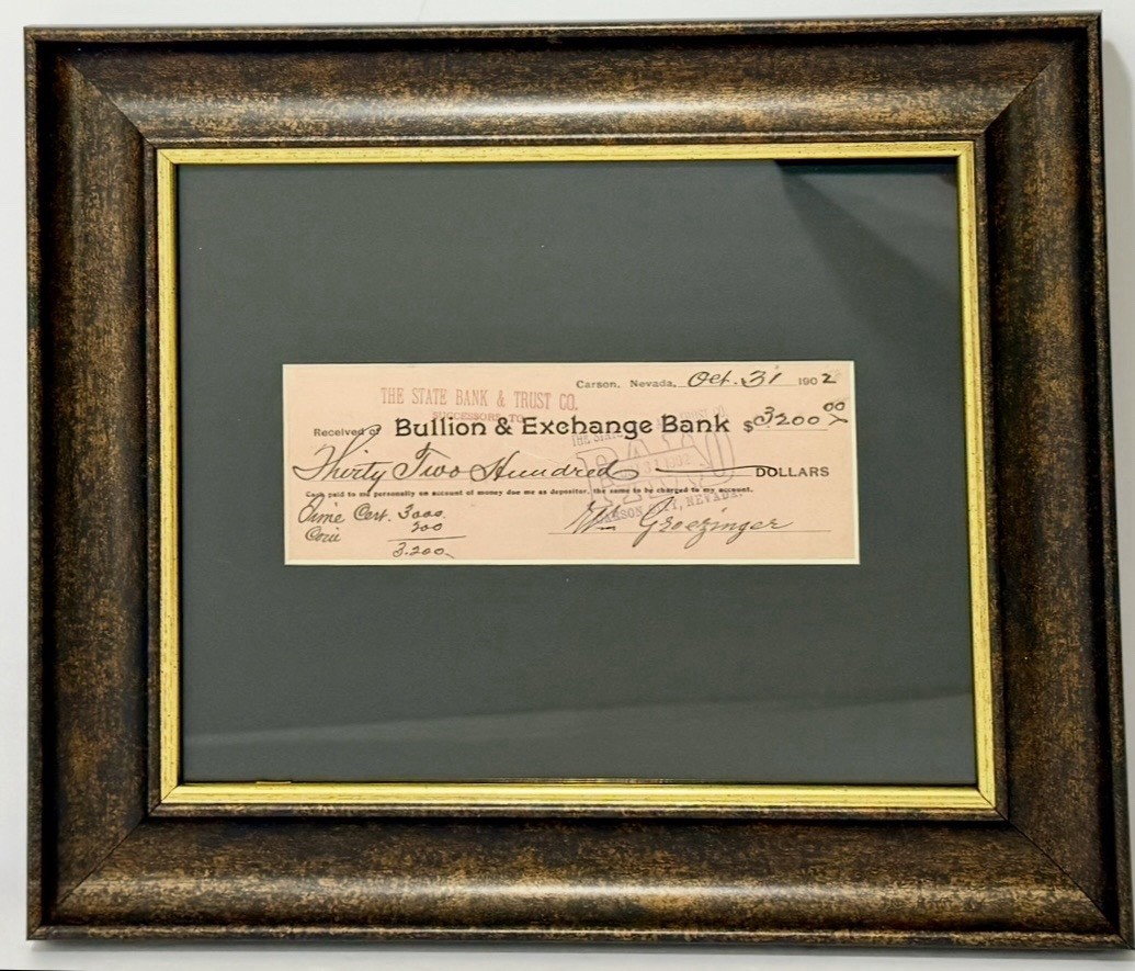 Antique 1902 Carson Nevada Bullion & Exchange Bank Framed Banking Ephemera