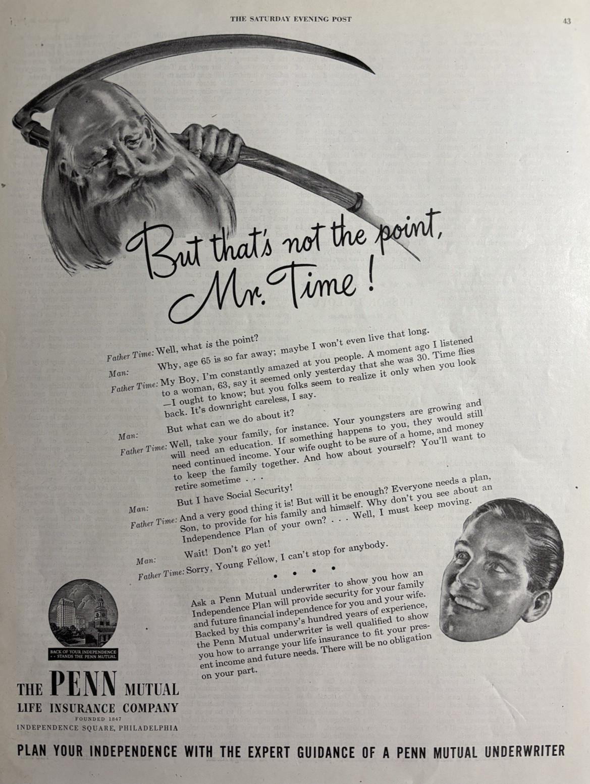 Penn Mutual Life Insurance Co Phila Father Time Underwriter VTG Print Ad 1947