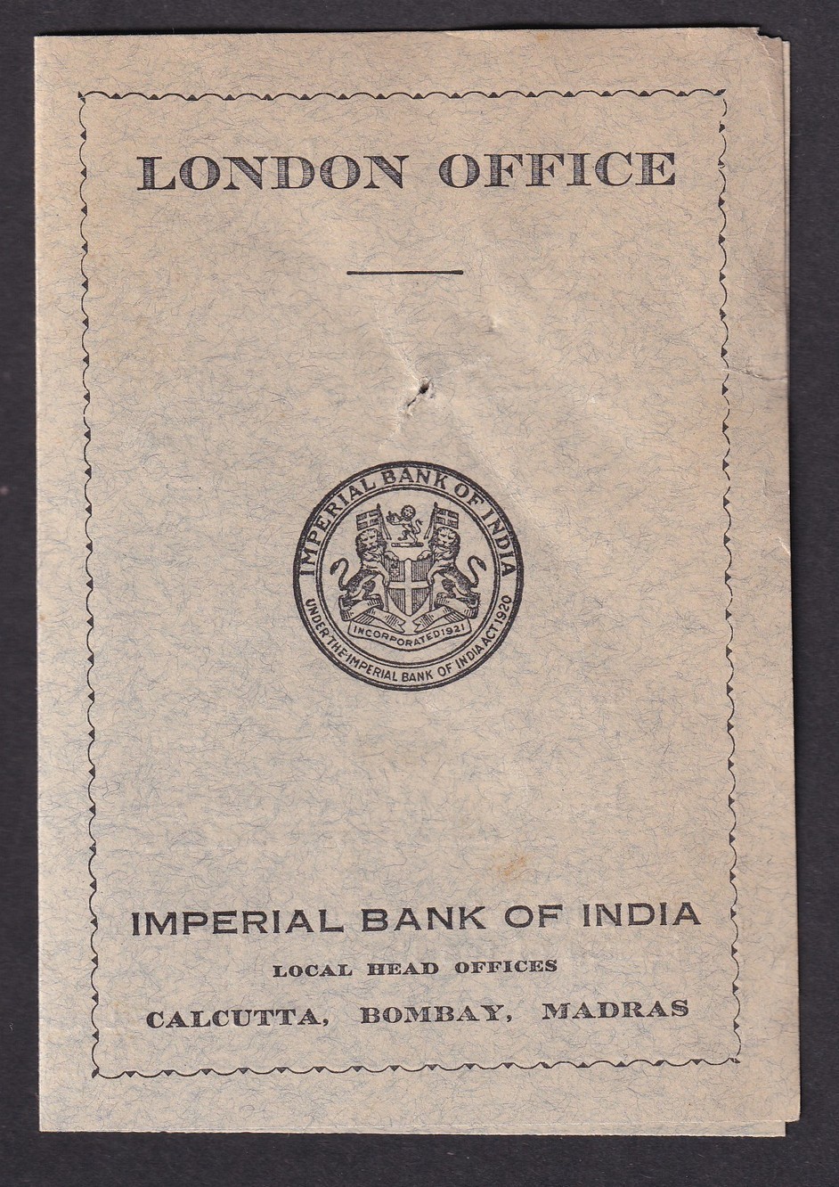IMPERIAL BANK OF INDIA London Office advertisement card