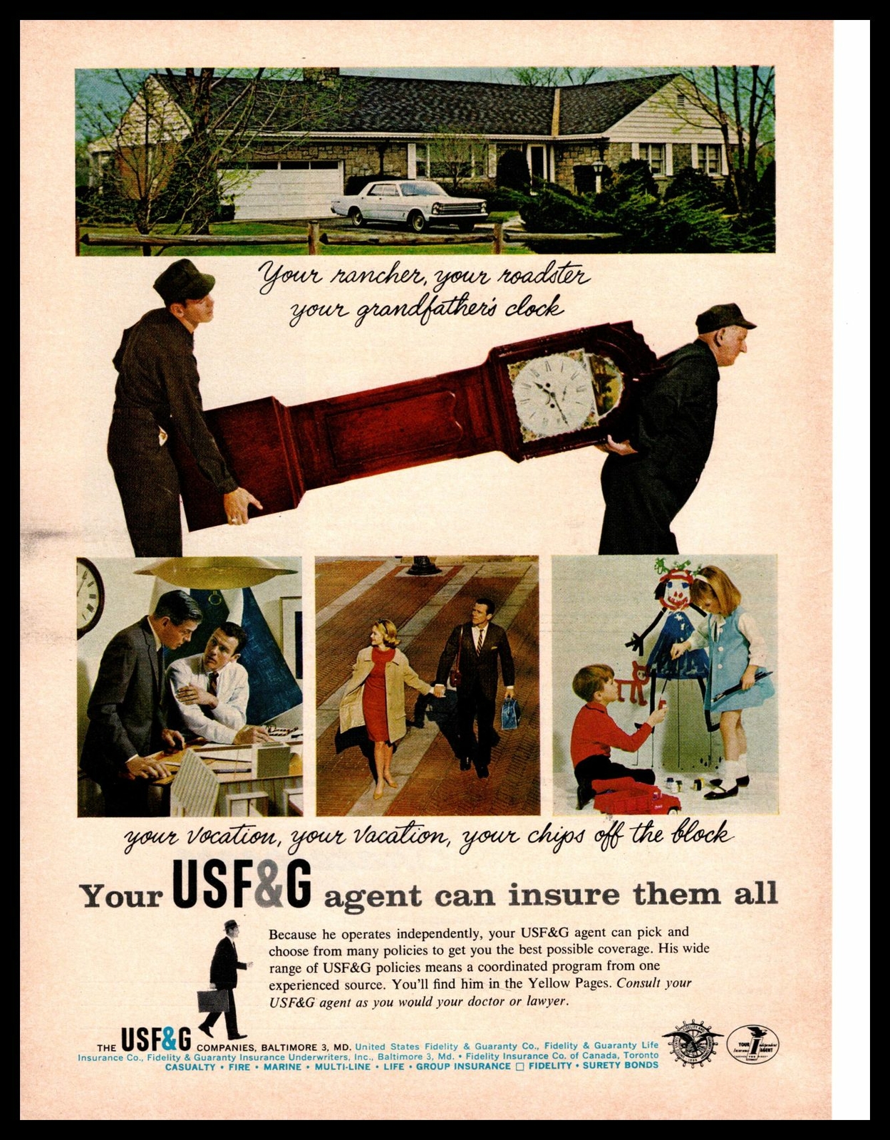 1966 USF&G Baltimore Maryland Life Insurance Agent Grandfather Clock Print Ad