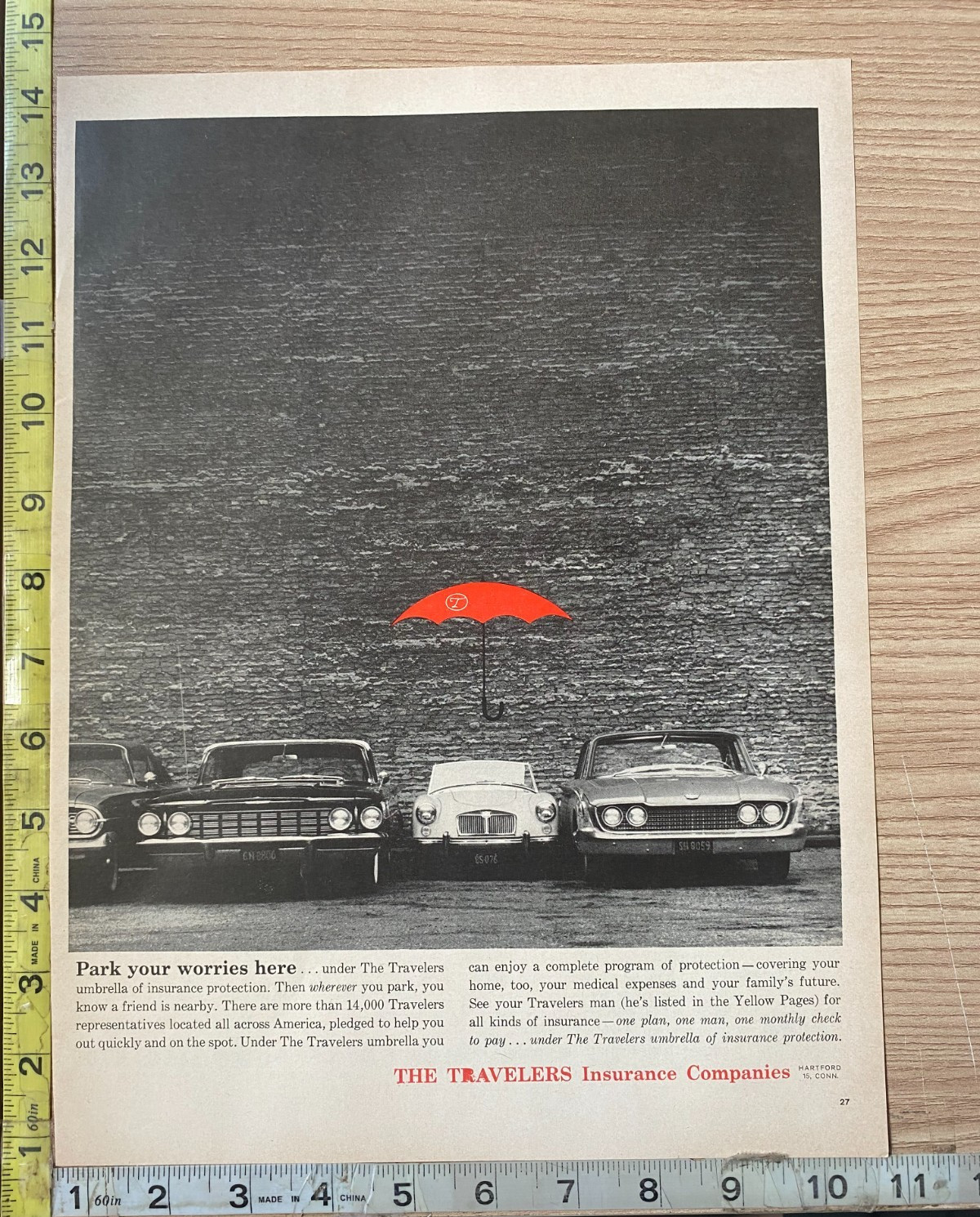 Traveler’s Insurance Company Park Worries Cars Scene 1961 Print Advertisement