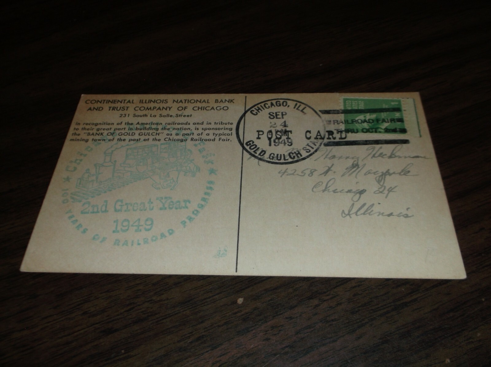 SEPTEMBER 1949 CHICAGO RAILROAD FAIR POST CONTINENTAL ILLINOIS BANK POST CARD
