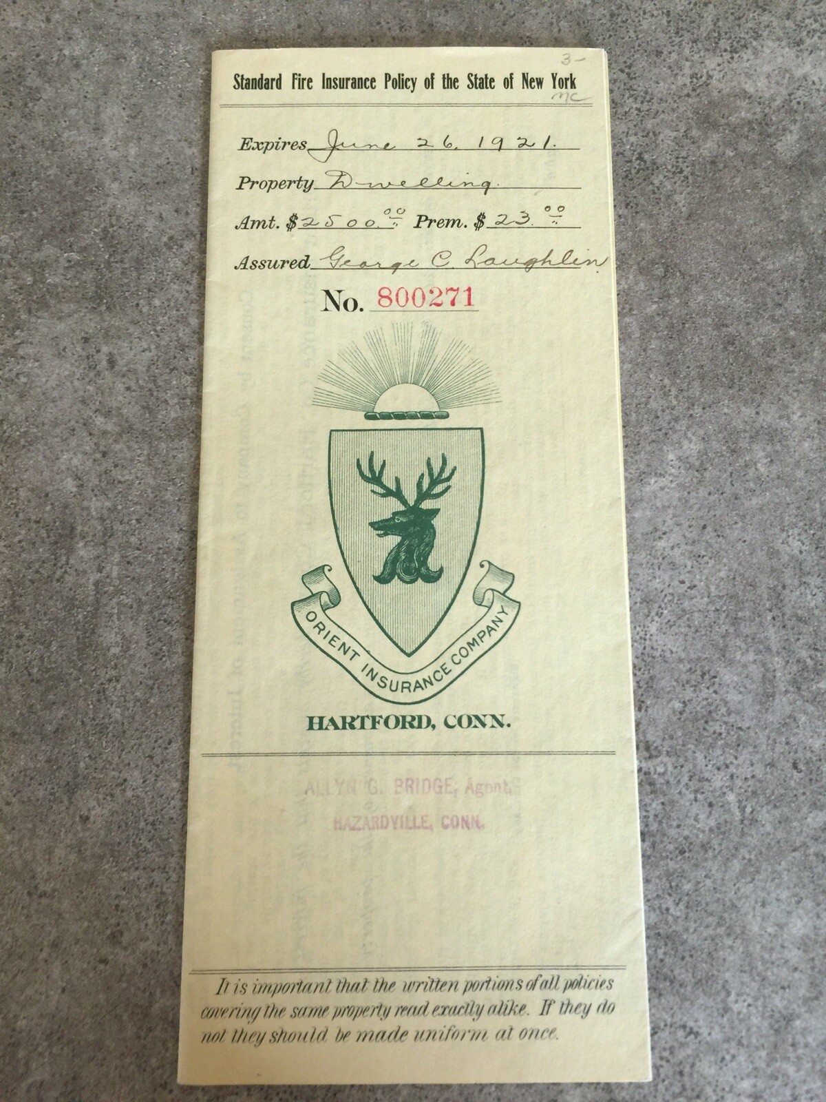 1921 Standard Fire Insurance Policy New York with Tax Stamps