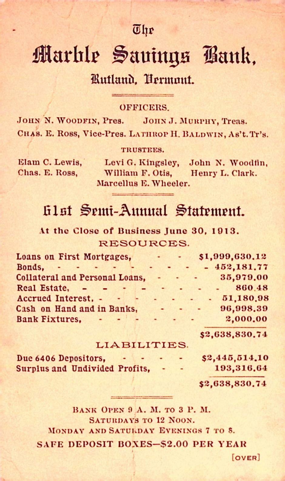 1913 Marble Savings Bank Rutland VT 61st Semi-Annual Statement Financial
