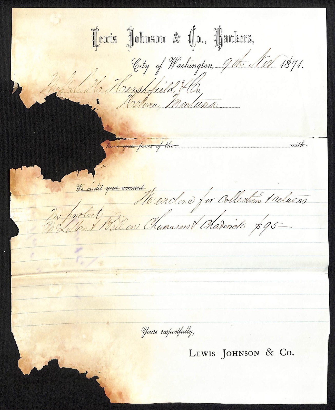 Lewis Johnson & Co Bankers Washington 1871 Payment Receipt L.H. Hershfield* (#5)