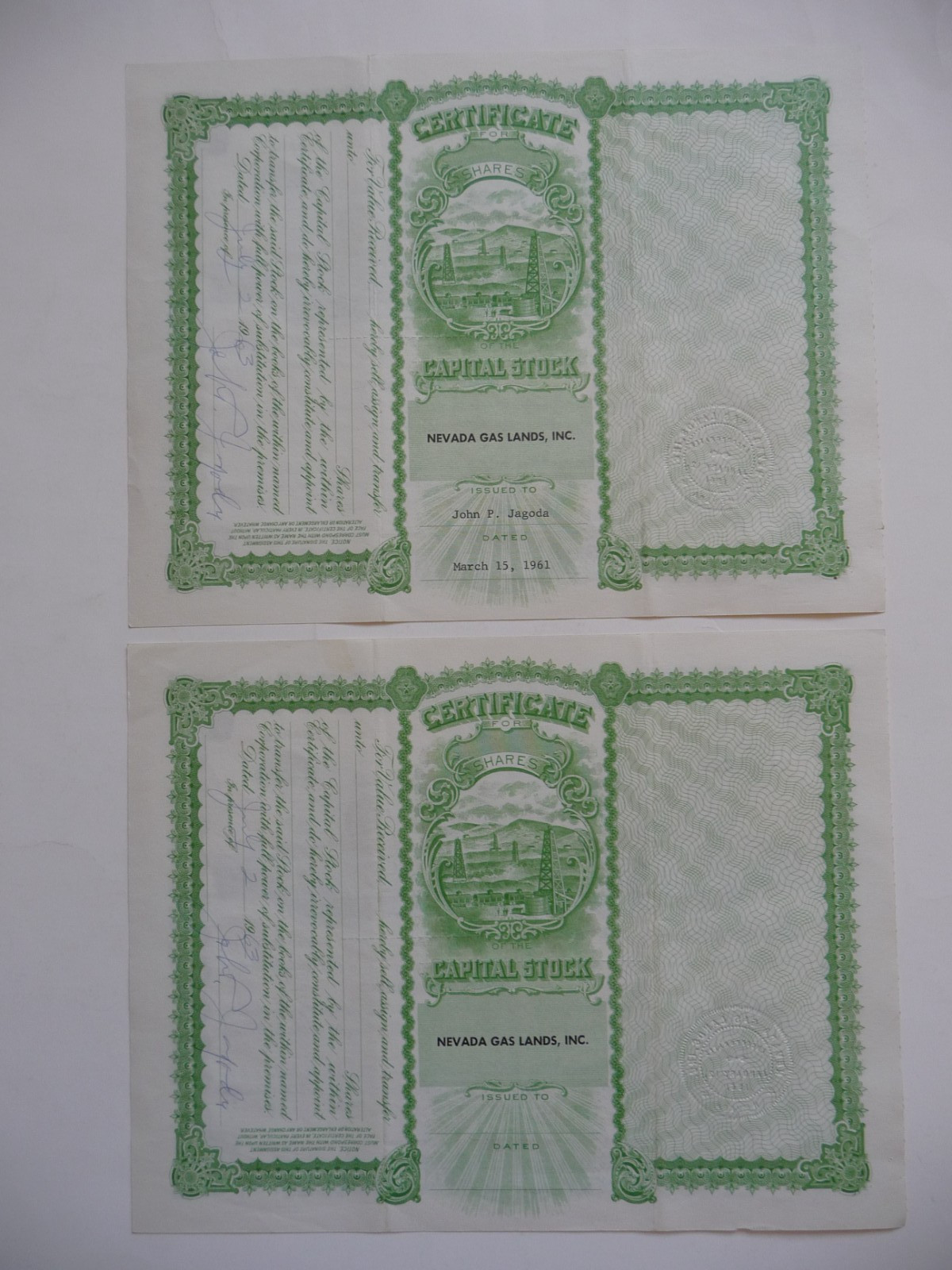 2 Vintage Nevada Gas Lands, Inc. 1961 723 & 5,000 Shares Stock Certificates