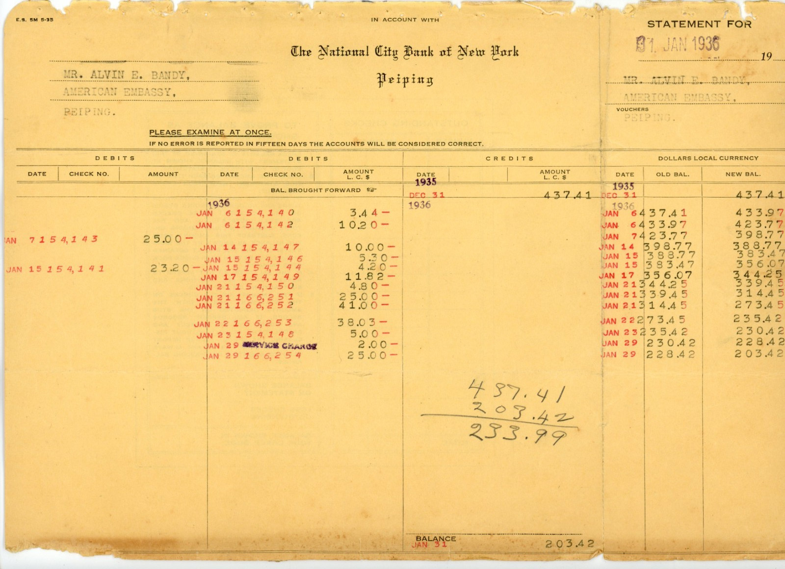 1936 Peiping Pekin China U.S. Embassy Chinese Bank Statement #KR