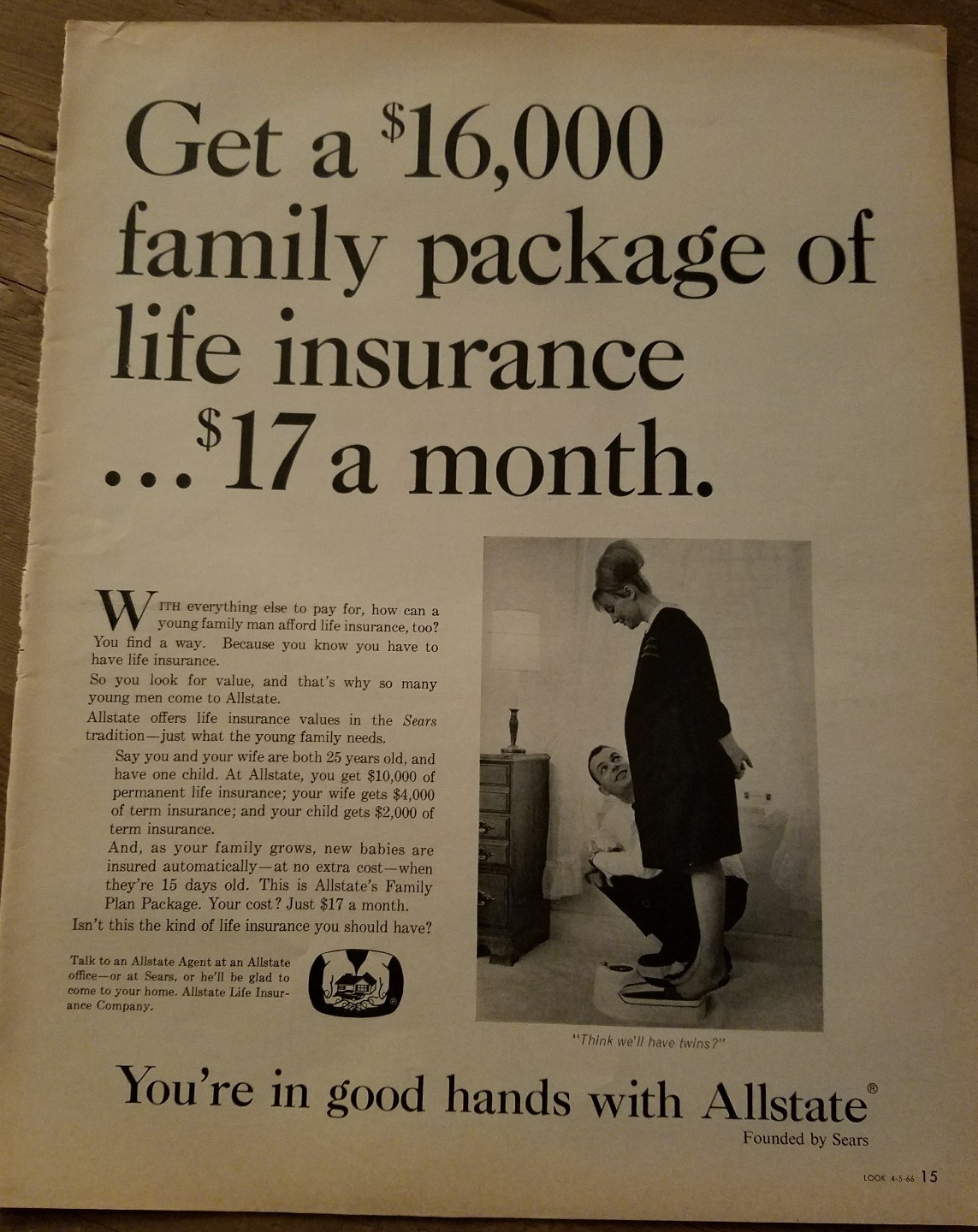 1966 Allstate life Insurance pregnant woman scales think twins ad