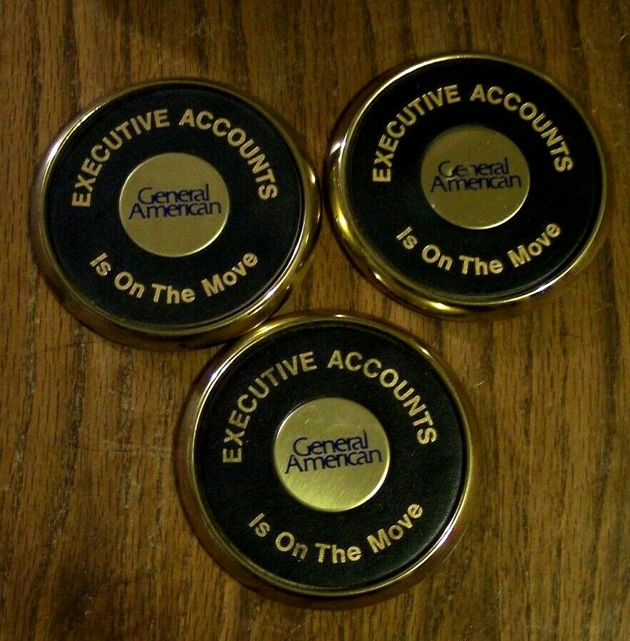 LOT OF 3 VINTAGE GENERAL AMERICAN Life Insurance BRASS COASTERS 3 3/4 “