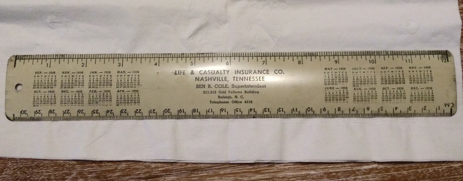 1949 Vintage Advertising Ruler Life & Casualty Insurance Nashville TN Raleigh NC