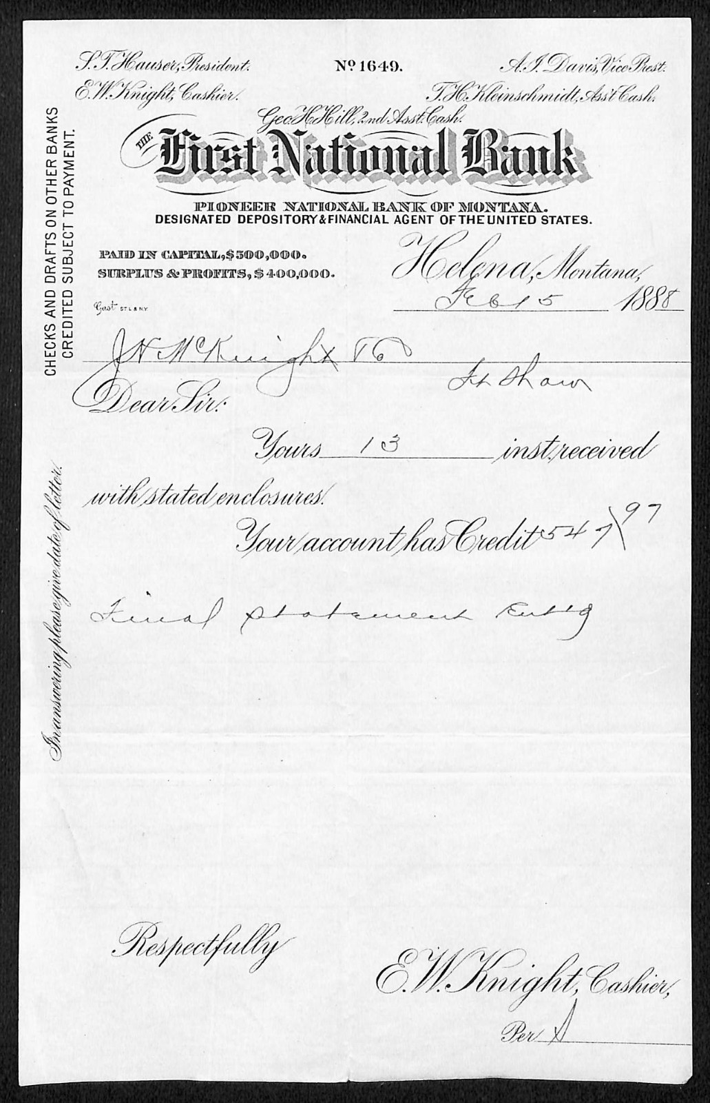 FNB Pioneer National Bank of Montana 1888 Helena Receipt E.W. Knight* (#3)