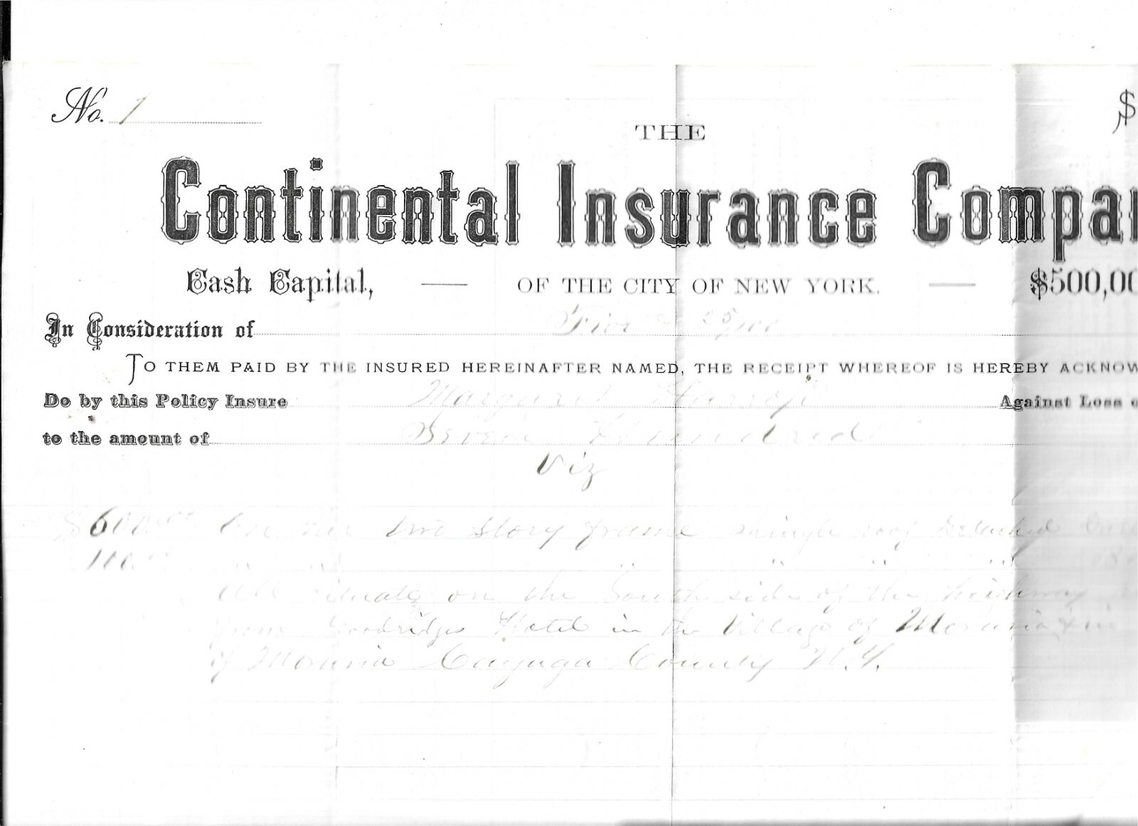 CONTINENTAL INSURANCE COMPANY 1874 POLICY NUMBER ONE