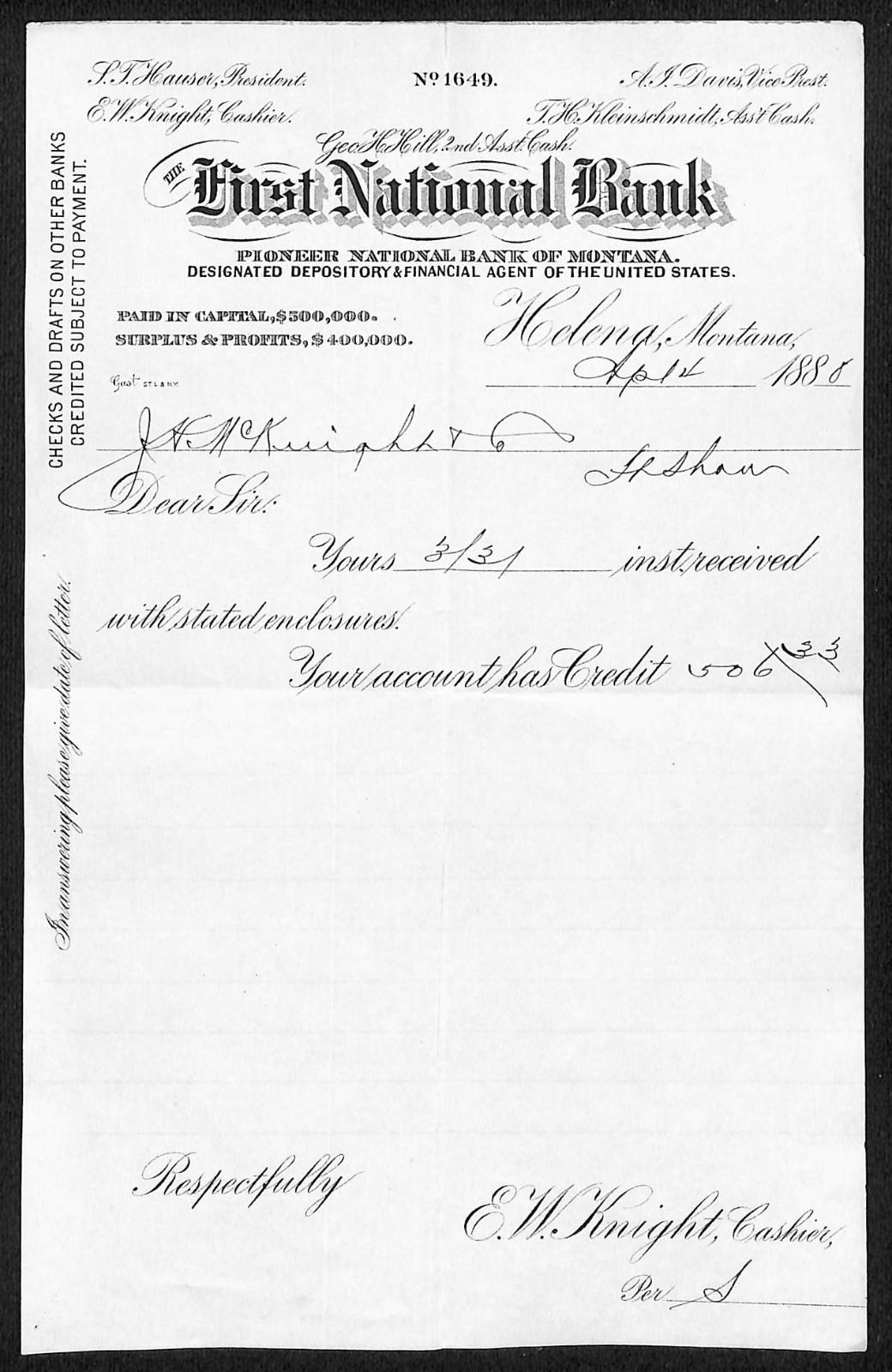 FNB Pioneer National Bank of Montana 1888 Helena Receipt E.W. Knight* (#8)