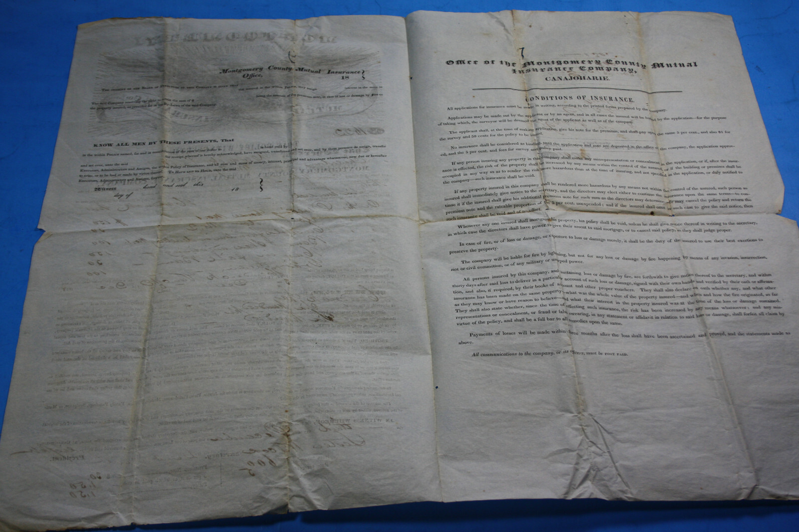 1838 MONTGOMERY COUNTY NY Charlestown VUNCK MUTUAL INSURANCE POLICY REV WAR