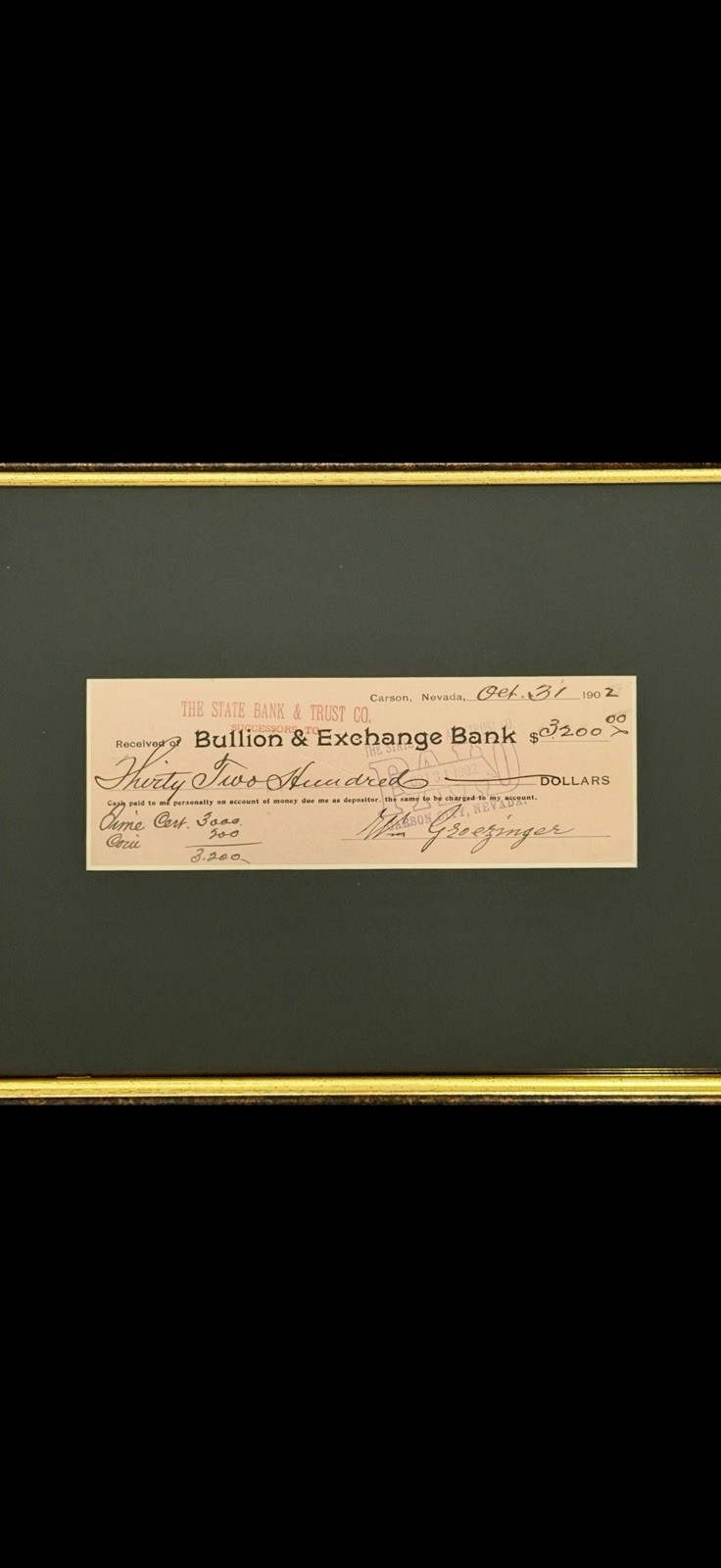 Antique 1902 Carson Nevada Bullion & Exchange Bank Framed Banking Ephemera