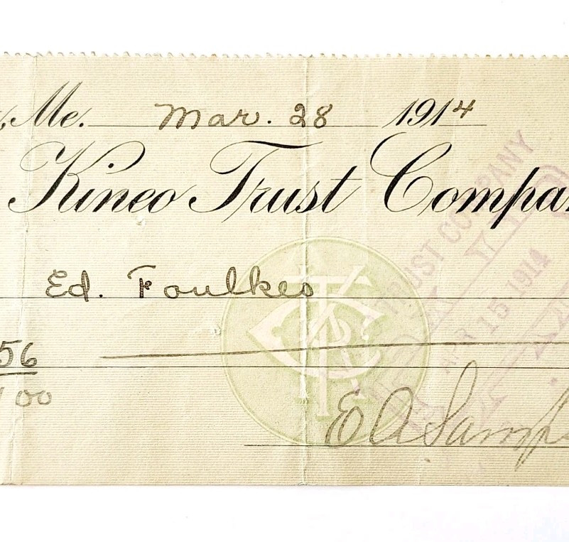 1914 Kineo Trust Company Bank Check E.A. Sampson Dover Maine Signed 6237 CHX10