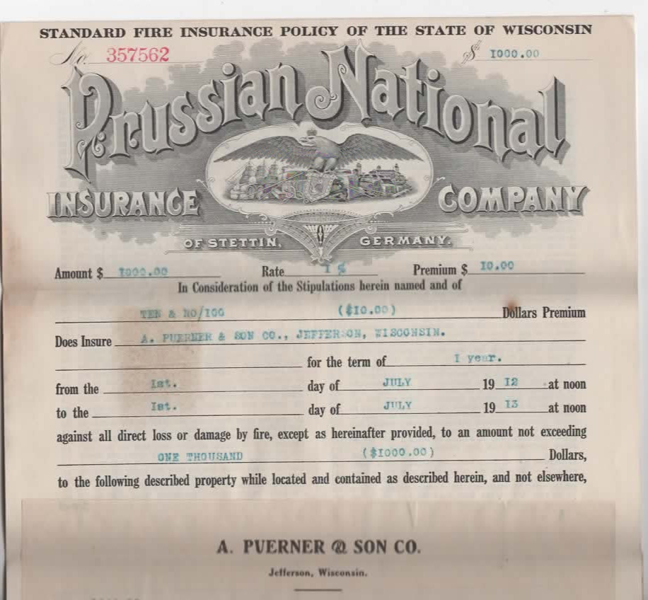 The Prussian National Insurance Co. Stettin Germany 1912 Fire Insurance