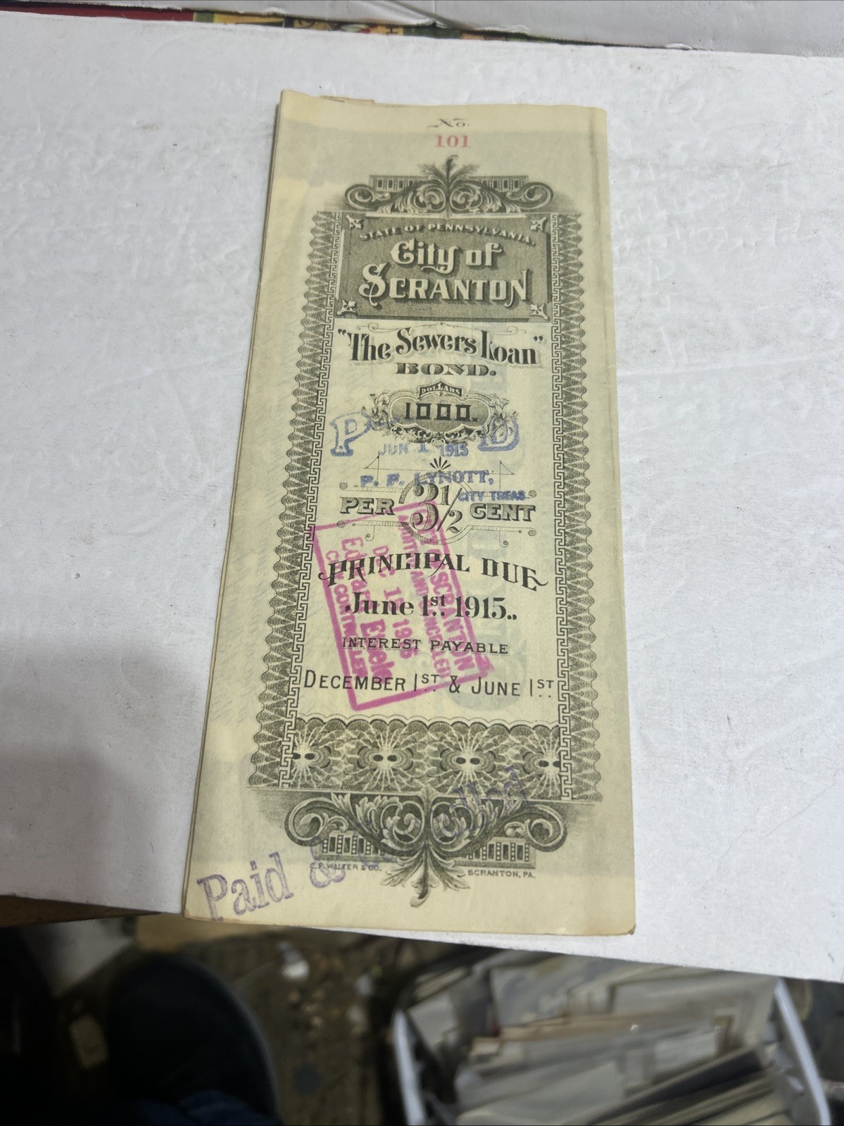 $1000 Bond City Of Scranton June , 1st 1915 SCRANTON,PA