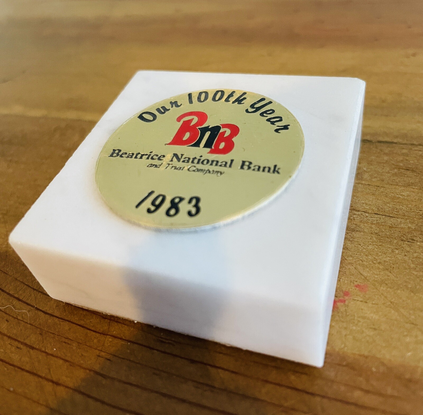 Beatrice National Bank 100th Anniversary Marble Paperweight Nebraska Memorabilia