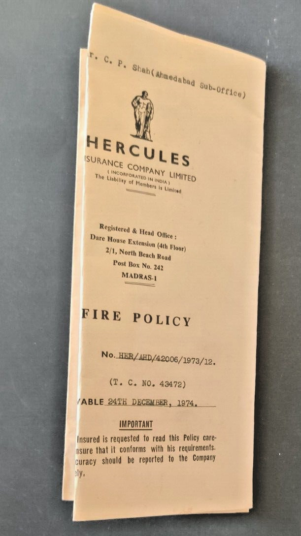 1974HERCULES INSURANCE CO LTD AUTOGRAPH SIGN fire Policy document vignette India