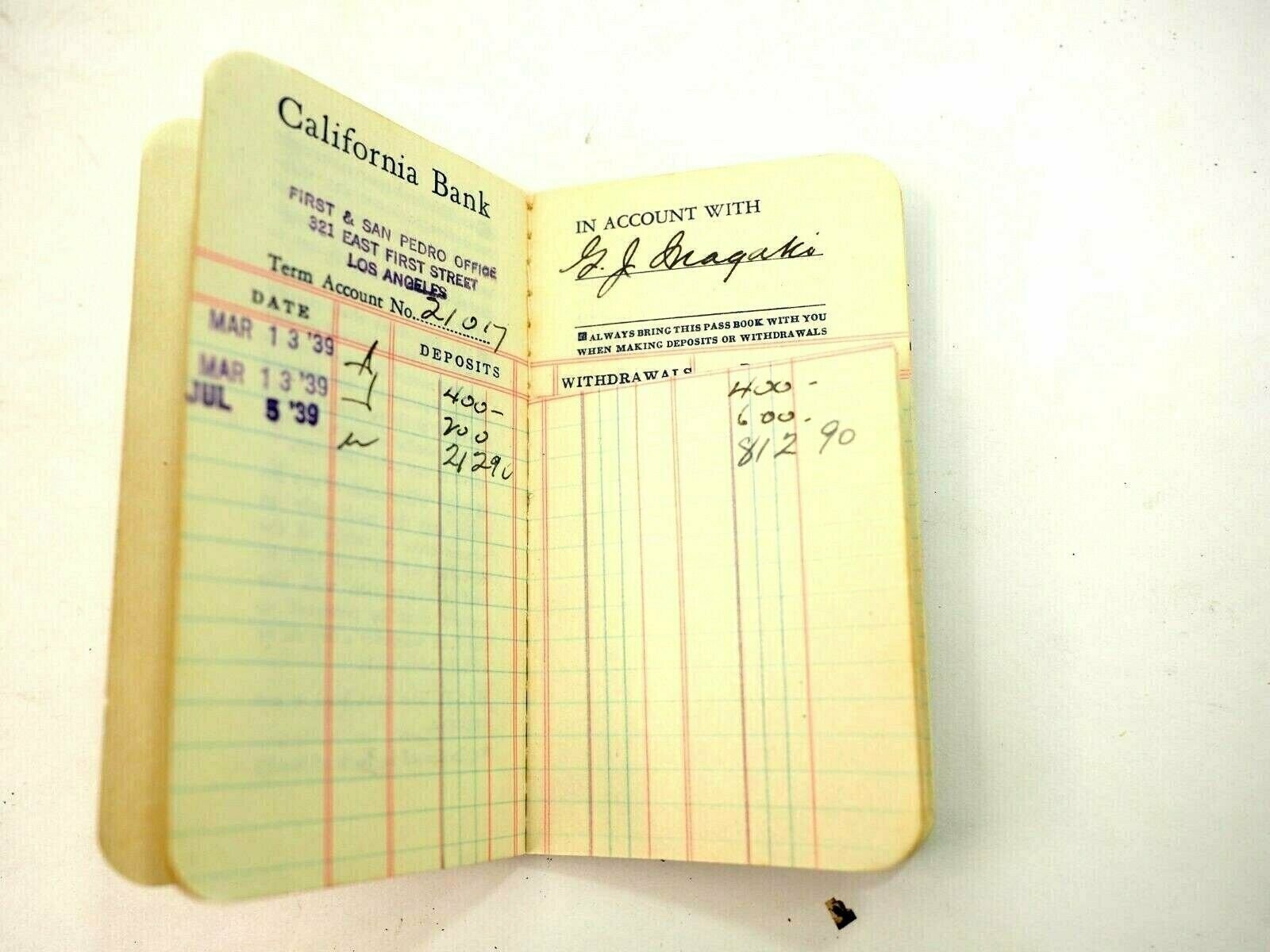 California Bank Los Angeles Account Book 1939