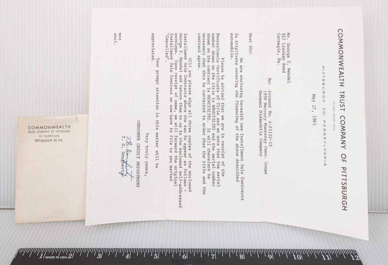 Commonwealth Trust Bank Pittsburgh Pennsylvania Title Contract 1961